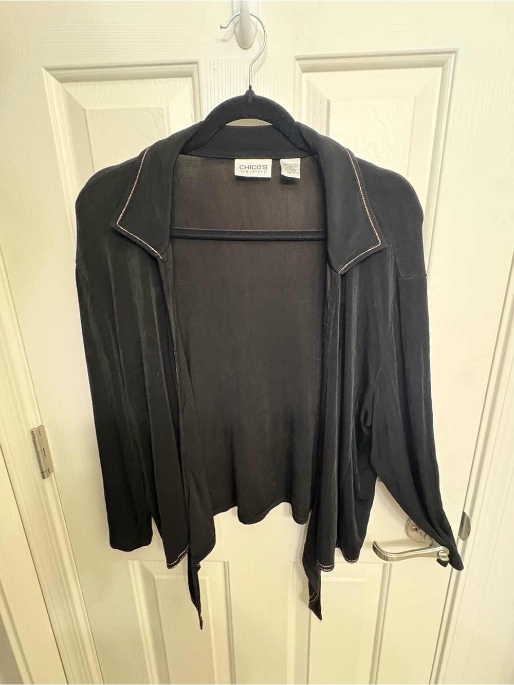 3- Chico's Black Tie Draped Shrug with Metallic Contrast Stitch